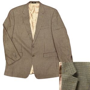 Lauren Ralph Lauren Blazer Mens 46L Brown Blue Houndstooth Lambs Wool Sport Coat
